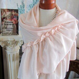 SHAWL WRAP PASTEL PEACH w RUFFLE, ELEGANT EVENING WRAP, DAYTIME CHIC COVER-UP